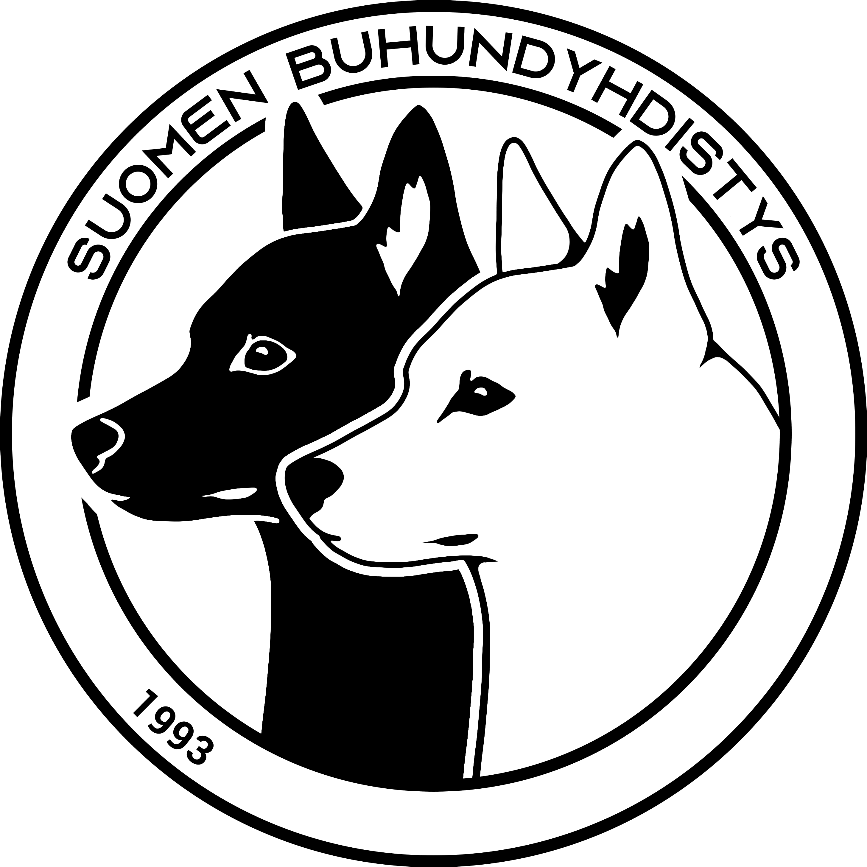 Buhundyhdistyksen logo, jossa on vierekkäin musta ja vaalea buhund